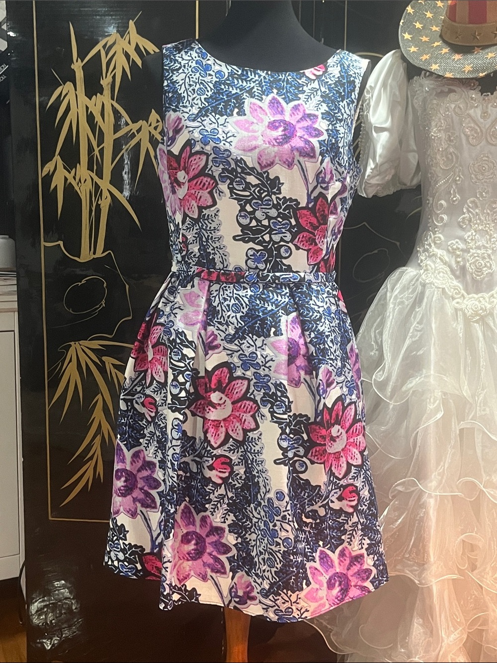 Taylor Floral Fit & Flare Dress in Pink and Blue